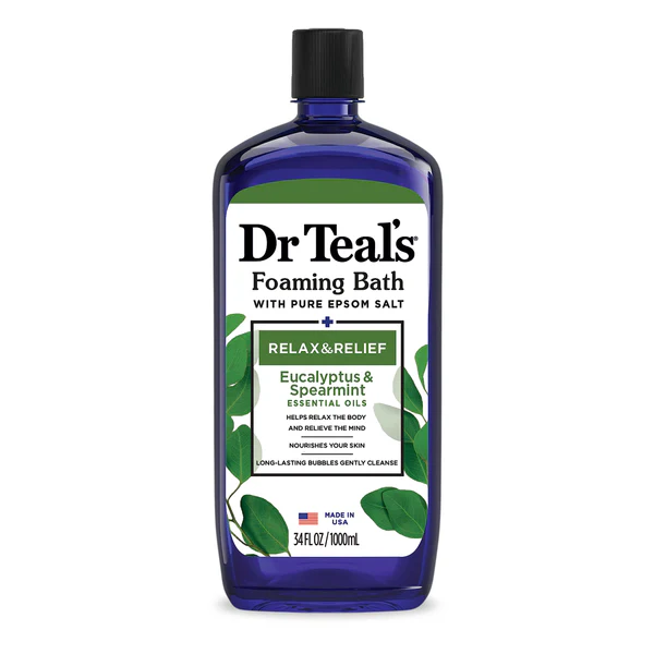 DR TEAL’S FOAMING BATH WITH PURE EPSOM SALT, RELAX & RELIEF WITH EUCALYPTUS & SPEARMINT, 34 FL OZ