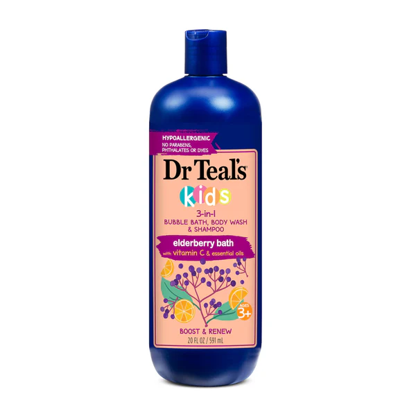 DR TEAL’S KIDS 3-IN-1 ELDERBERRY BATH BUBBLE BATH, BODY WASH & SHAMPOO, 20 FL OZ.